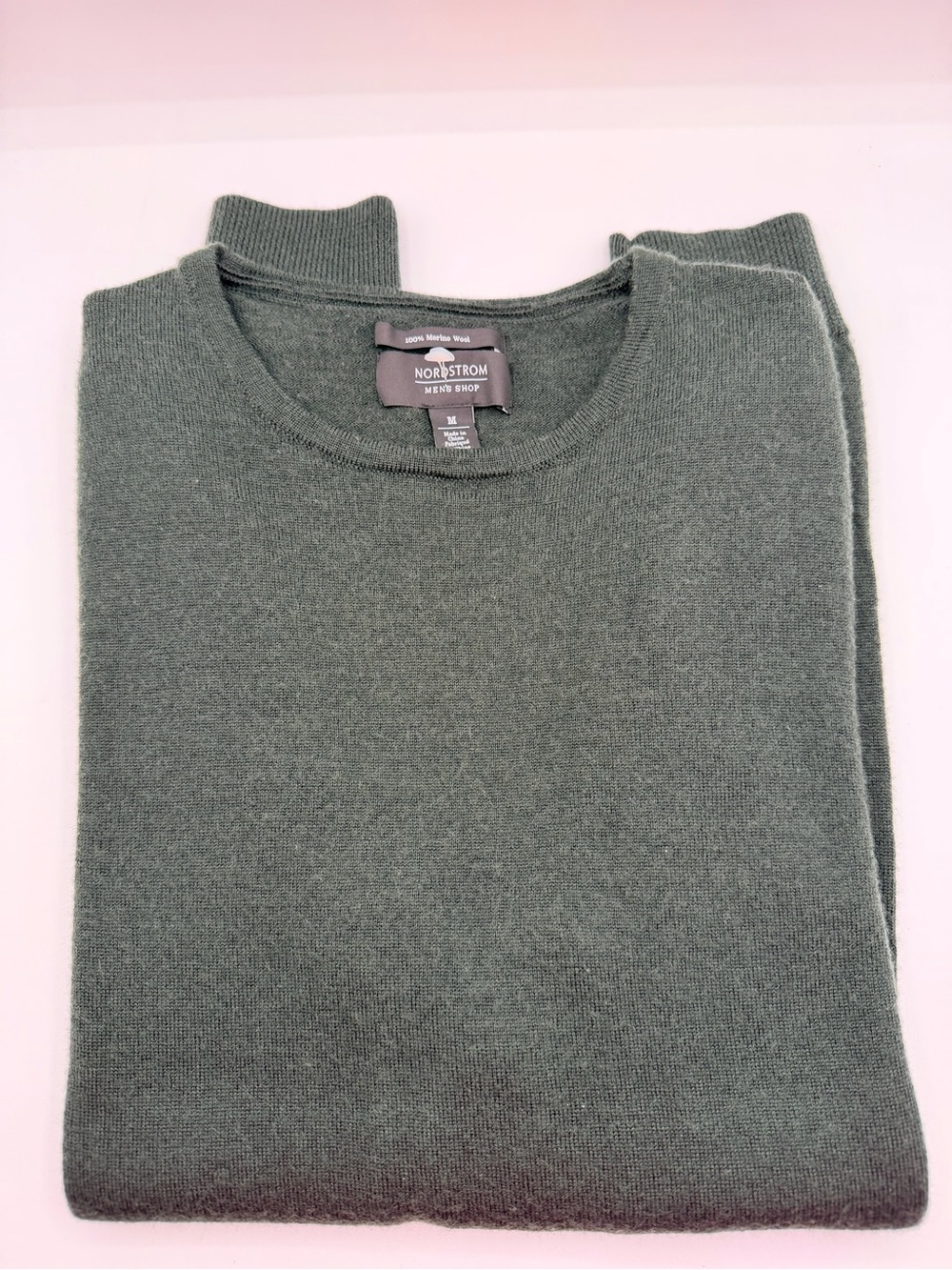 Nordstrom Men's Shop Merino Wool Forest Green Crewneck Pullover Sweater M